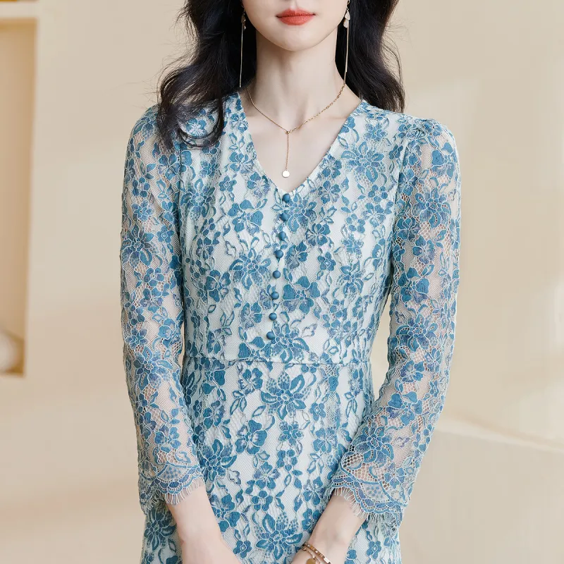 MISSSHINE Long Sleeved Dresses Women's Blue-2