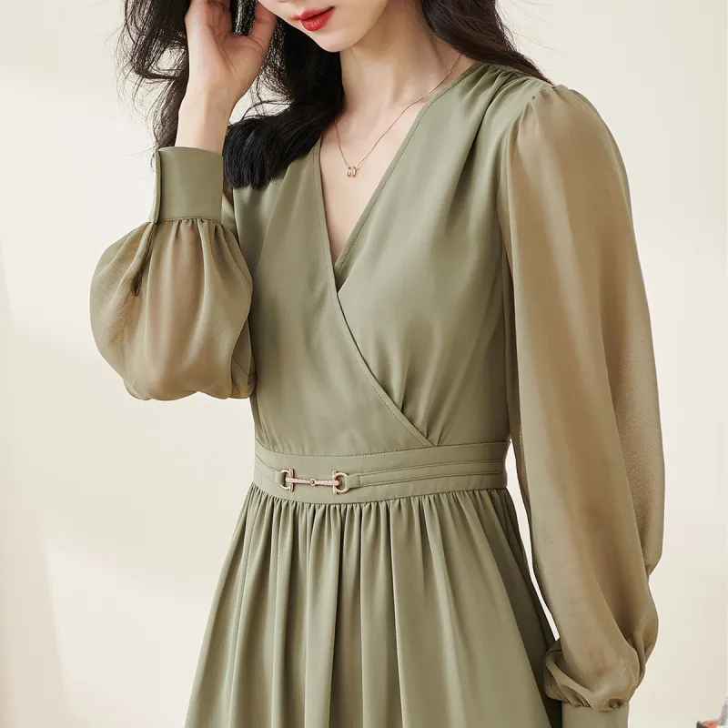 MISSSHINE Long Sleeved Dresses Women's Gray Green-2