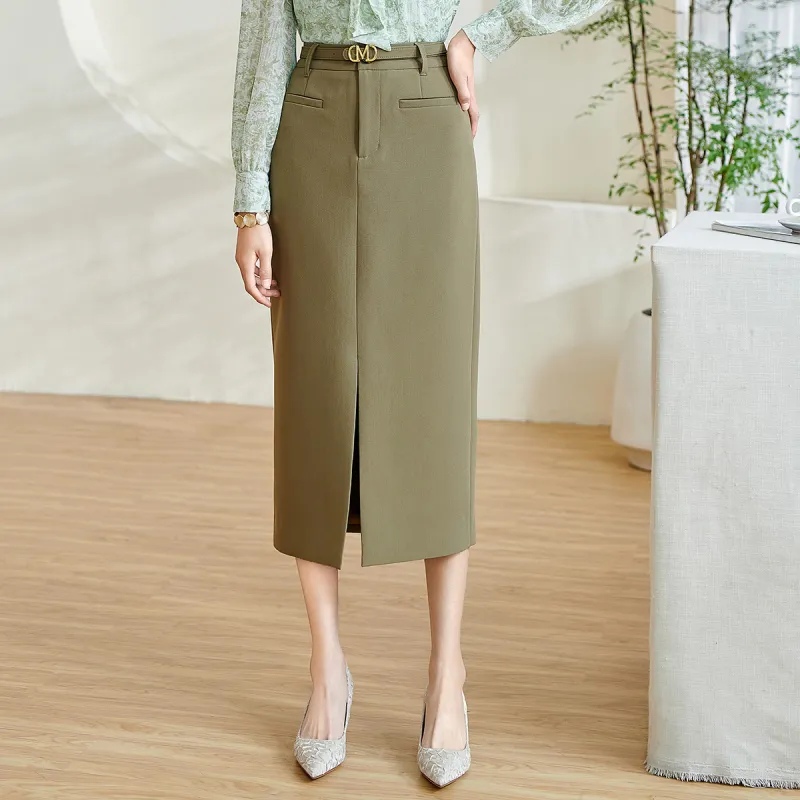MISSSHINE Casual Long Skirts Women's Green Coffee-3