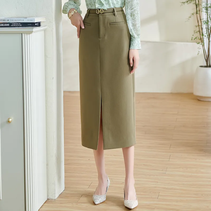 MISSSHINE Casual Long Skirts Women's Green Coffee-2