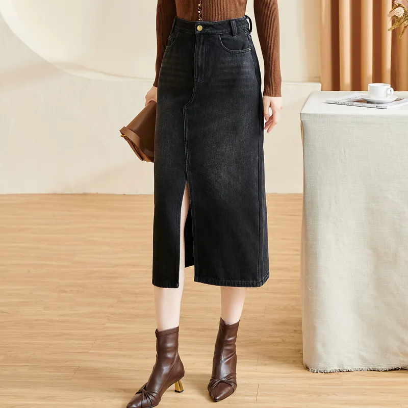 MISSSHINE Denim Long Skirts Women's Black-4