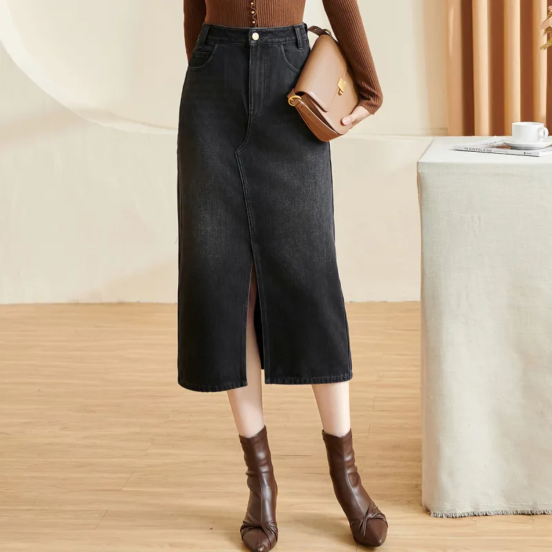 MISSSHINE Denim Long Skirts Women's Black-2