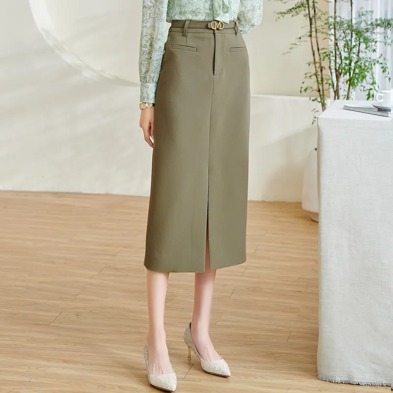MISSSHINE Casual Long Skirts Women's Green Coffee-5