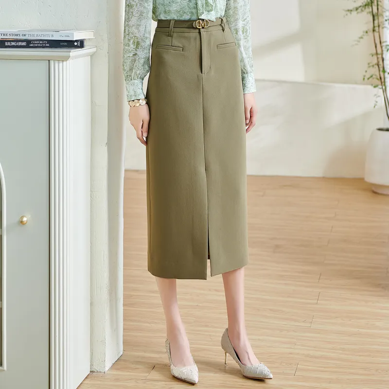 MISSSHINE Casual Long Skirts Women's Green Coffee-4