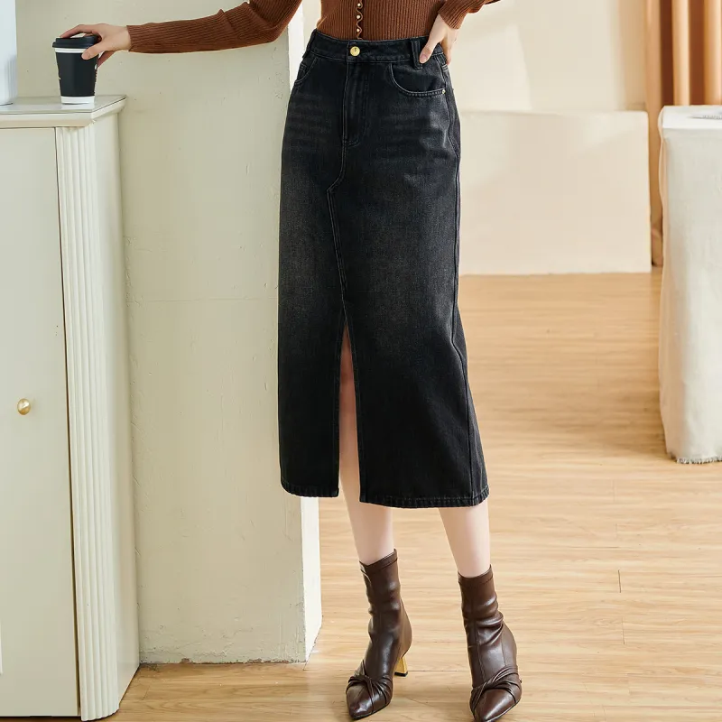 MISSSHINE Denim Long Skirts Women's Black-3