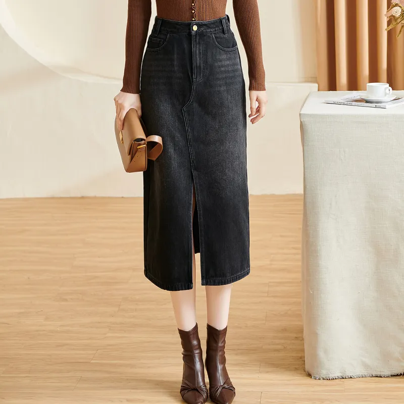 MISSSHINE Denim Long Skirts Women's Black-5