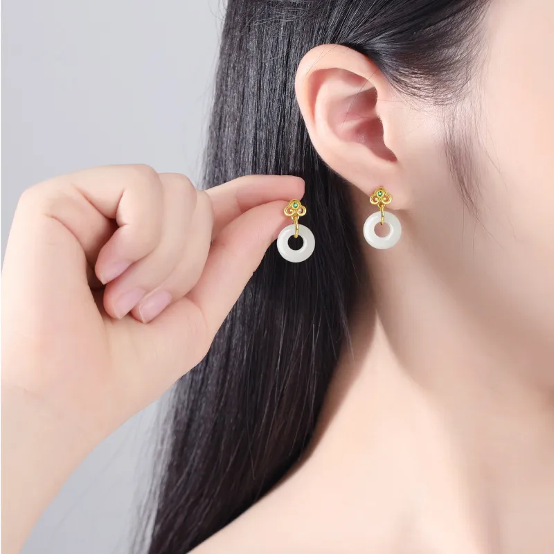 Yu Shangxuan Hetian Jade Earrings Pale Greenish White Jade Unisex-3