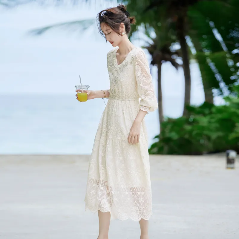 A Paradise For Awakening Long Sleeved Dress Women's Beige Apricot-5
