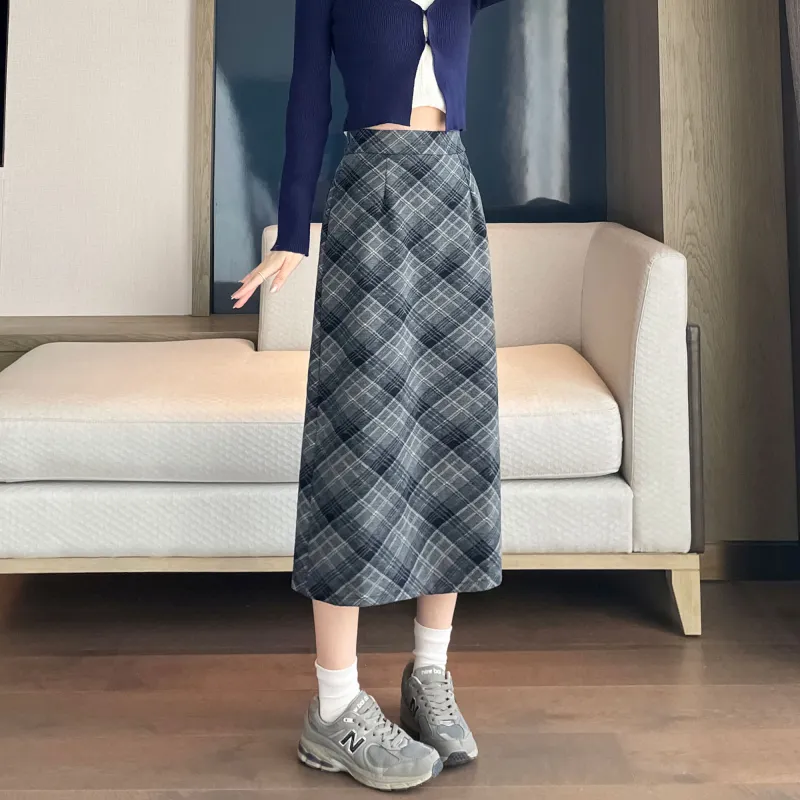 A Paradise For Awakening Casual Long Skirts Women's Gray Plaid-5