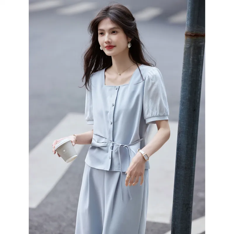 A Paradise For Awakening Casual Suit Women's Gray Blue-4