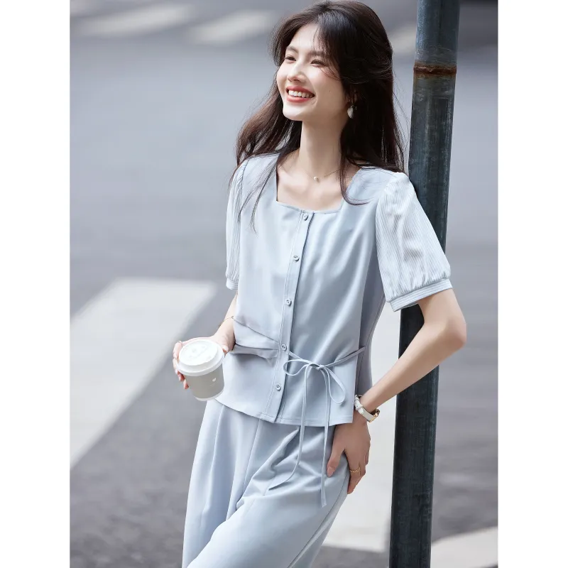 A Paradise For Awakening Casual Suit Women's Gray Blue-5