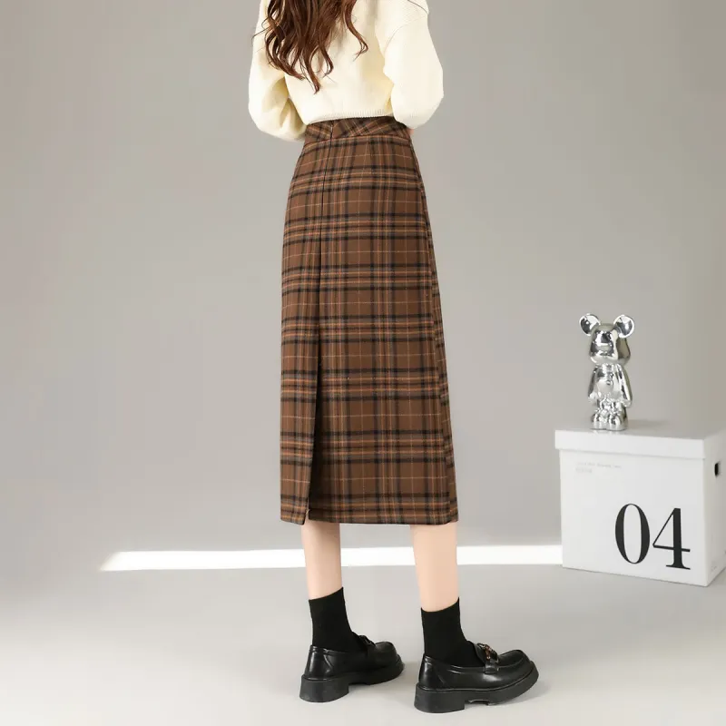 A Paradise For Awakening Casual Long Skirt Women's Coffee Plaid-4