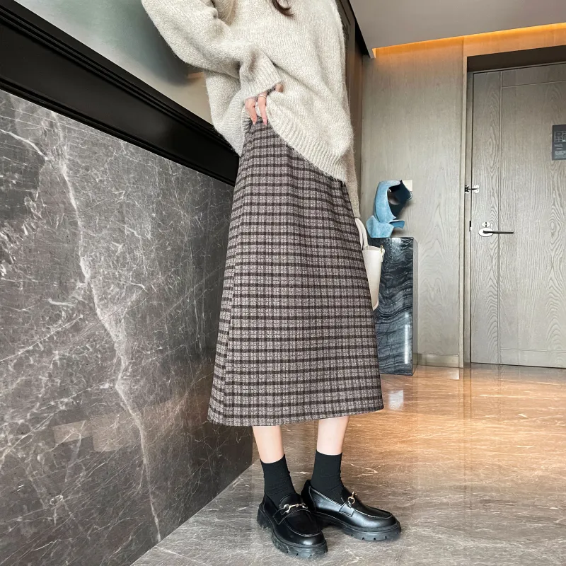 A Paradise For Awakening Casual Long Skirts Women's Coffee Plaid-5
