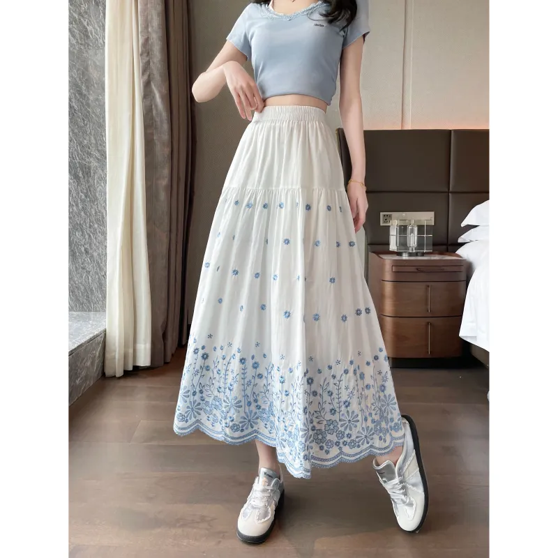 A Paradise For Awakening Casual Long Skirt Women's White With Blue Floral-3