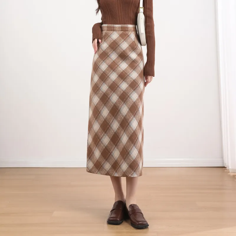 A Paradise For Awakening Casual Long Skirts Women's Coffee Plaid-2