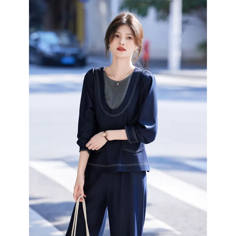 A Paradise For Awakening Casual Suit Women's Navy Blue-3