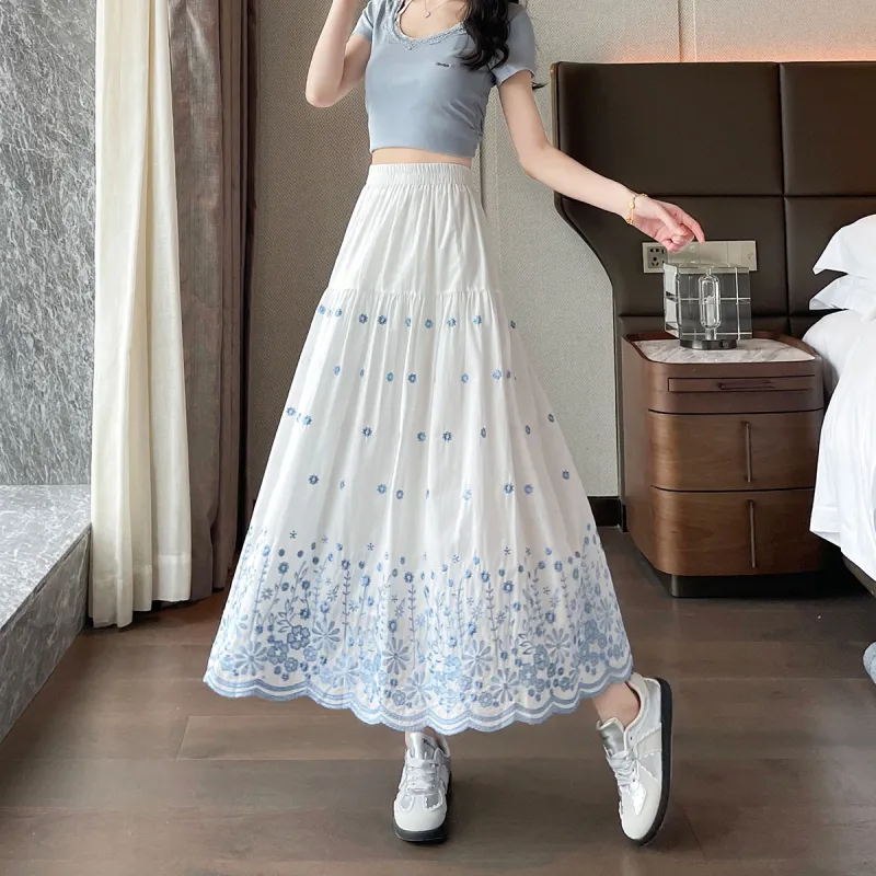 A Paradise For Awakening Casual Long Skirt Women's White With Blue Floral-5