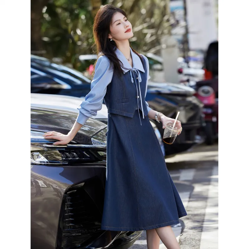 A Paradise For Awakening Long Sleeved Dress Women's Denim Blue-5