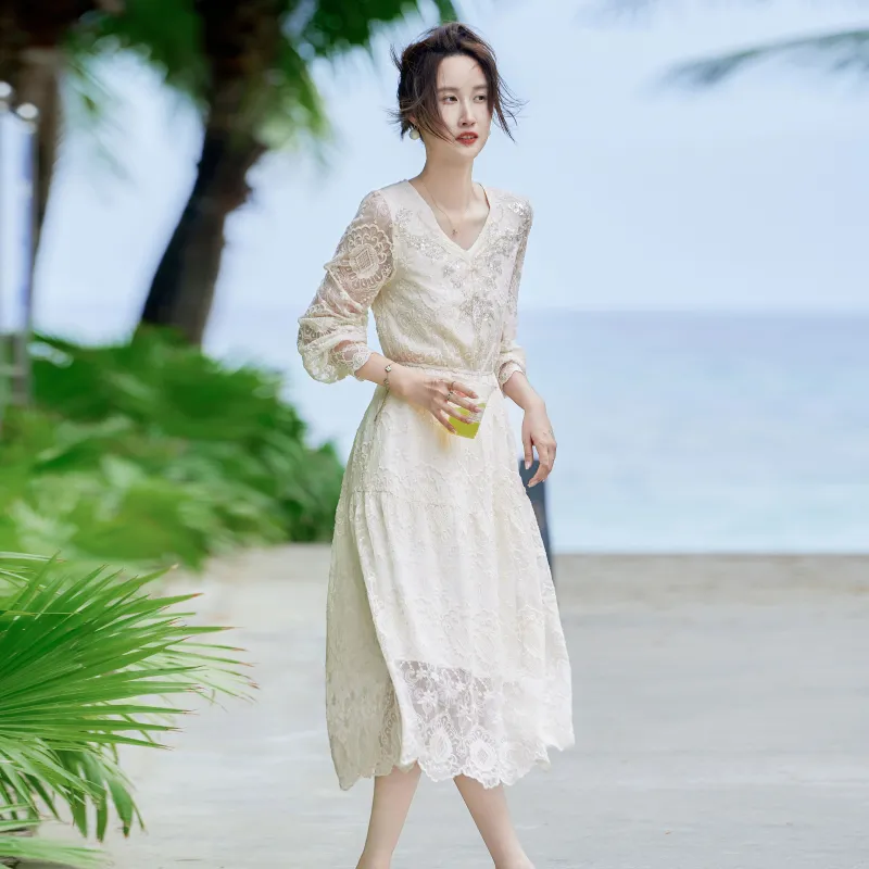 A Paradise For Awakening Long Sleeved Dress Women's Beige Apricot-2