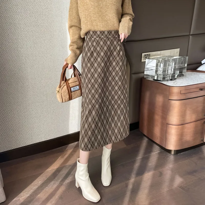 A Paradise For Awakening Casual Long Skirts Women's Green Plaid-3