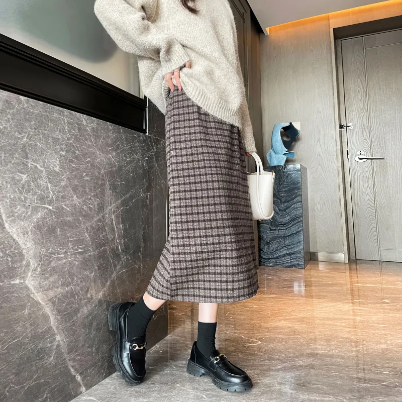 A Paradise For Awakening Casual Long Skirts Women's Coffee Plaid-2