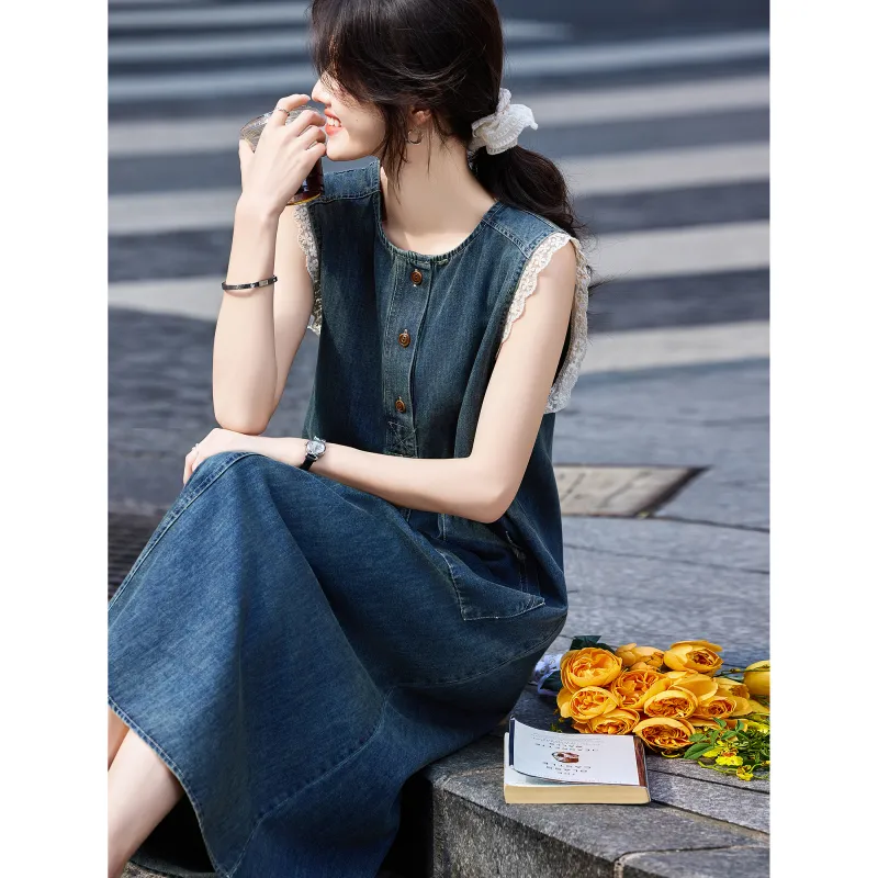 A Paradise For Awakening Sleeveless Dress Women's Denim Blue-4