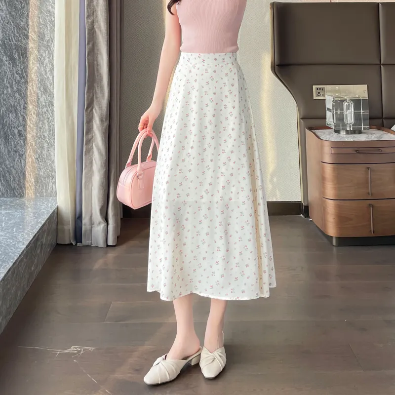 A Paradise For Awakening Casual Long Skirt Women's Beige With Pink Floral-2