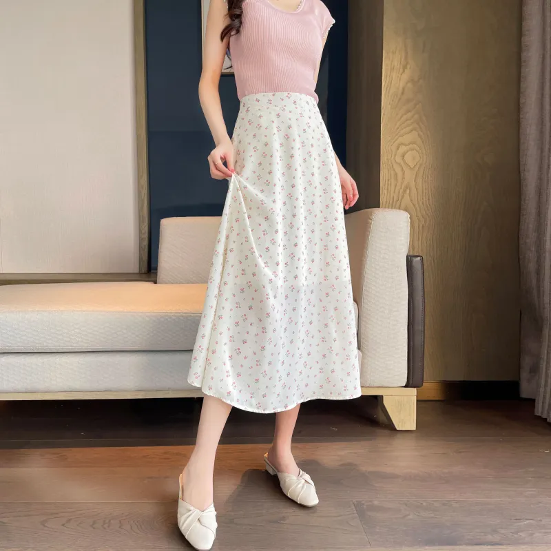 A Paradise For Awakening Casual Long Skirt Women's Beige With Pink Floral-4
