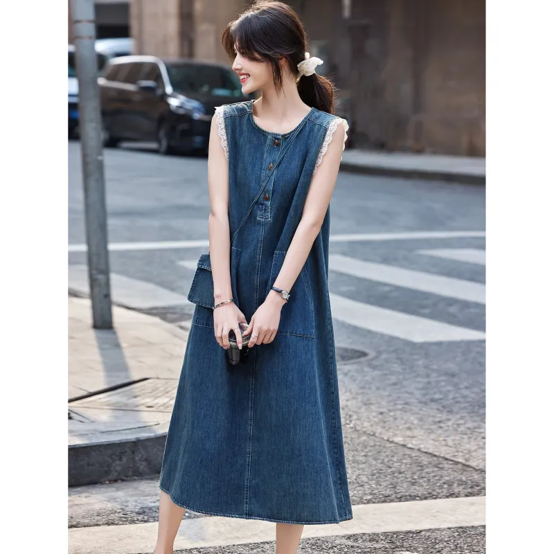 A Paradise For Awakening Sleeveless Dress Women's Denim Blue-3