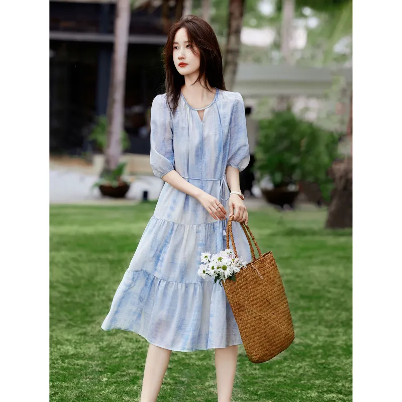 A Paradise For Awakening Short Sleeved Dress Women's Blue-4