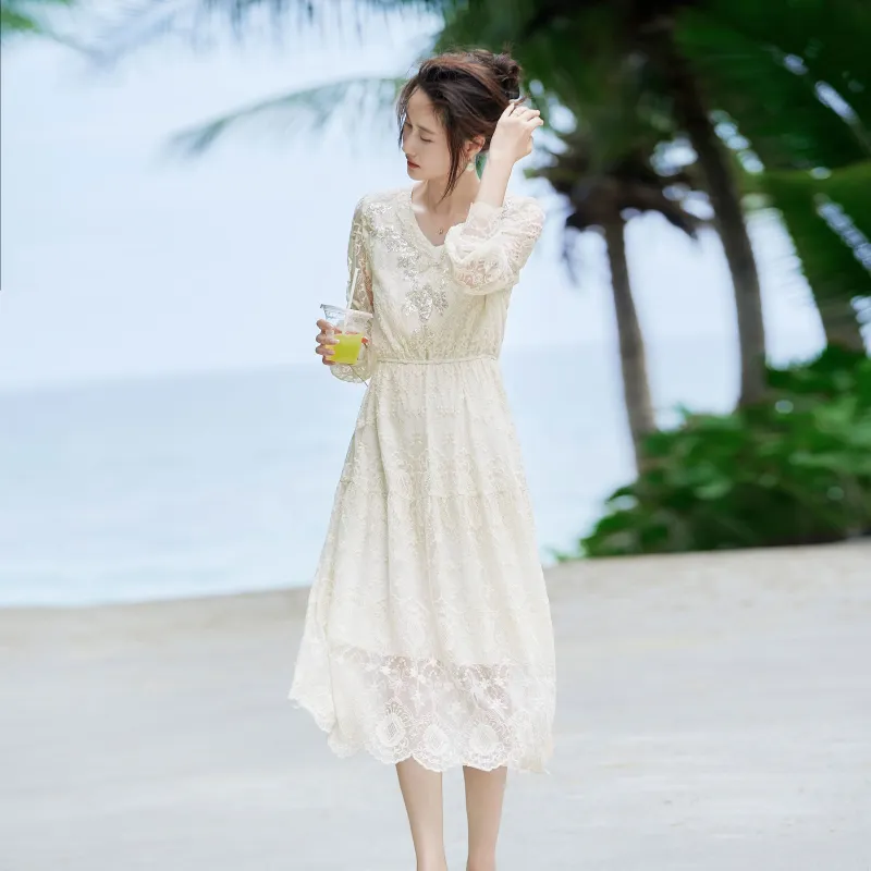 A Paradise For Awakening Long Sleeved Dress Women's Beige Apricot-4