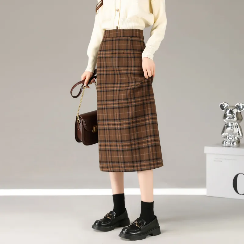 A Paradise For Awakening Casual Long Skirt Women's Coffee Plaid-3