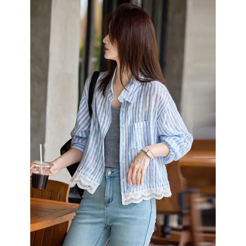 A Paradise For Awakening Cropped Coat Women's Blue White Stripes-4
