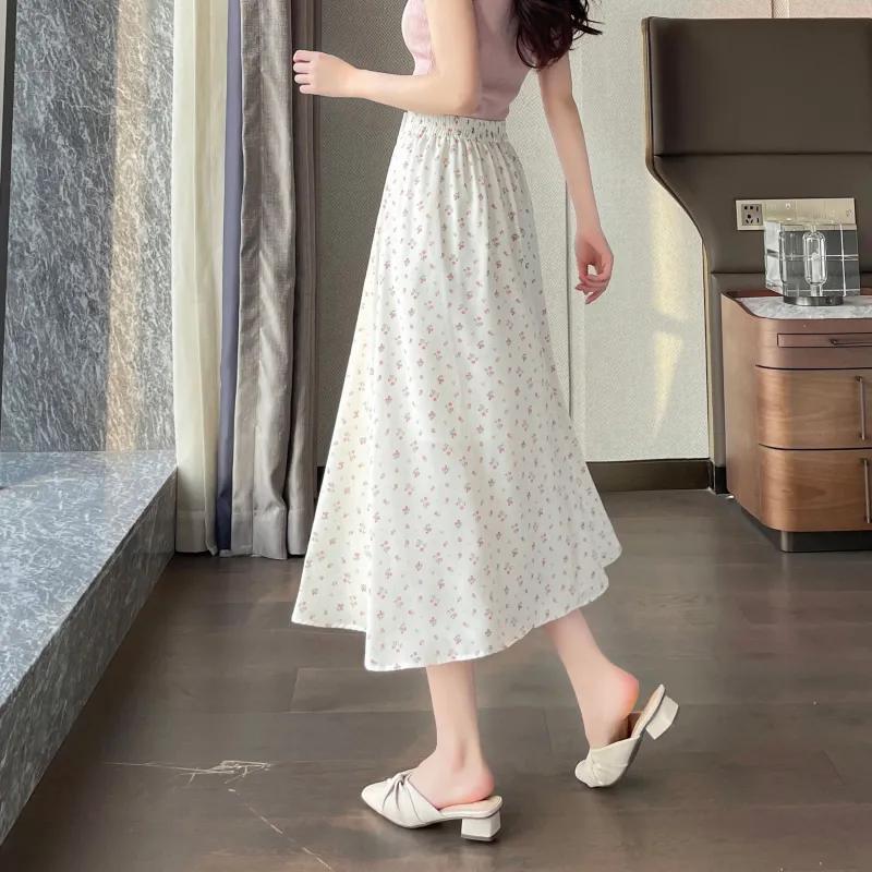 A Paradise For Awakening Casual Long Skirt Women's Beige With Pink Floral-3