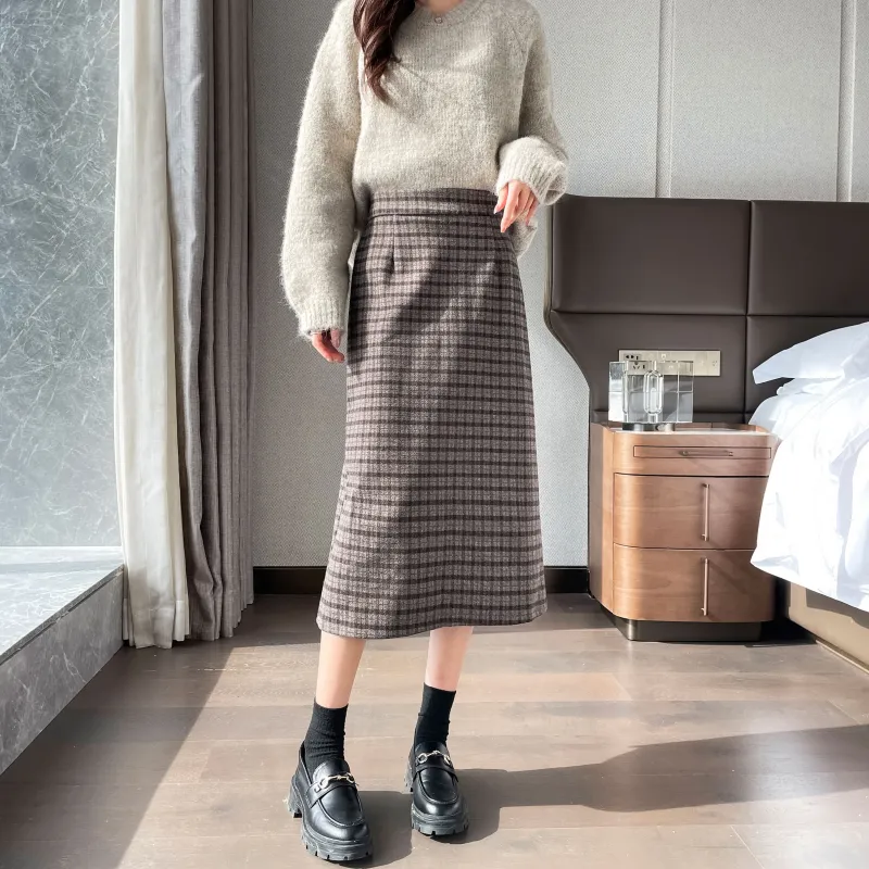 A Paradise For Awakening Casual Long Skirts Women's Coffee Plaid-3