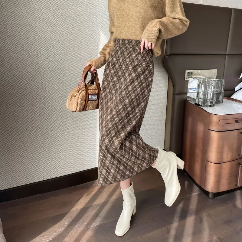 A Paradise For Awakening Casual Long Skirts Women's Green Plaid-2