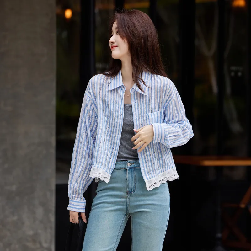 A Paradise For Awakening Cropped Coat Women's Blue White Stripes-2