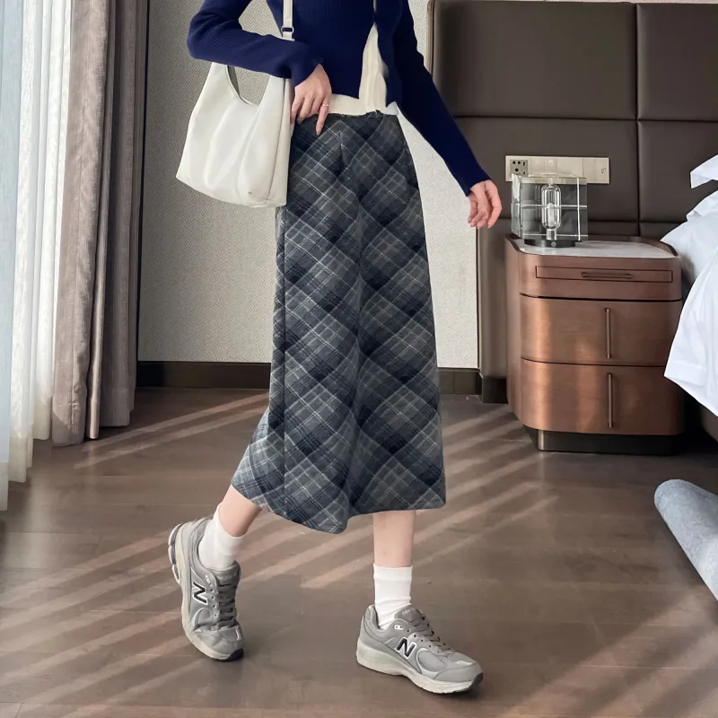 A Paradise For Awakening Casual Long Skirts Women's Gray Plaid-3