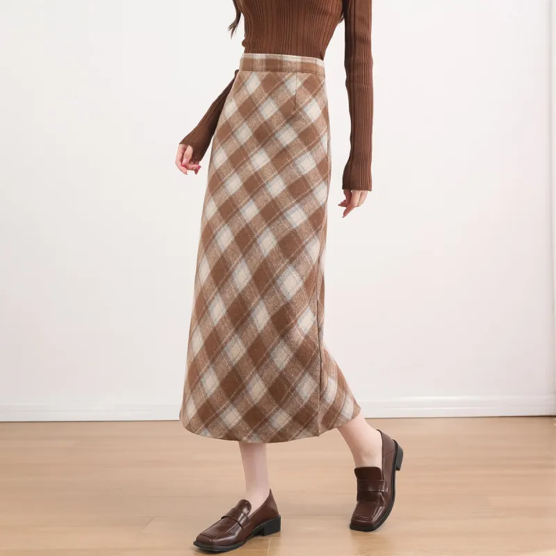 A Paradise For Awakening Casual Long Skirts Women's Coffee Plaid-3
