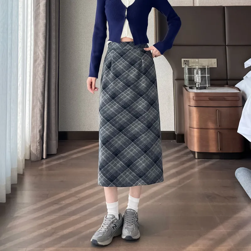 A Paradise For Awakening Casual Long Skirts Women's Gray Plaid-4