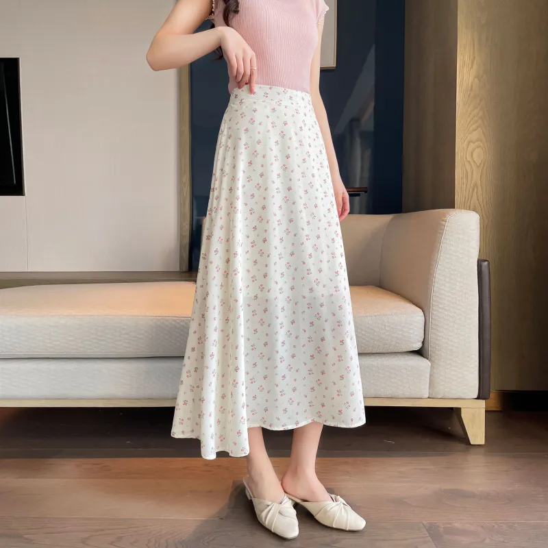A Paradise For Awakening Casual Long Skirt Women's Beige With Pink Floral-5