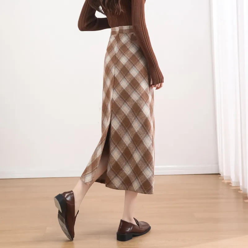 A Paradise For Awakening Casual Long Skirts Women's Coffee Plaid-4