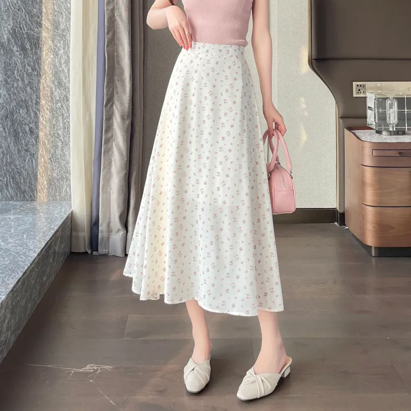 A Paradise For Awakening Casual Long Skirt Women's Beige With Pink Floral-6