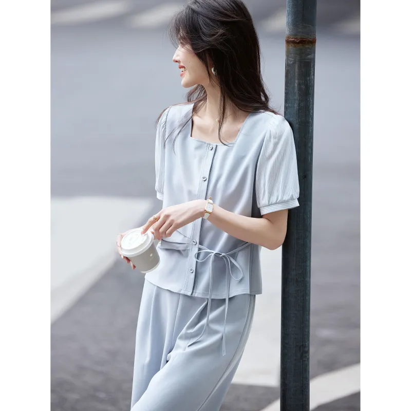 A Paradise For Awakening Casual Suit Women's Gray Blue-6