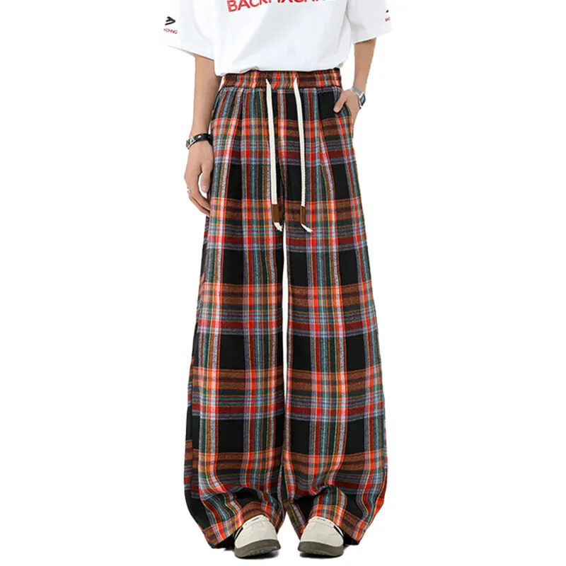 KSEK Casual Pants Unisex Red Plaid-3