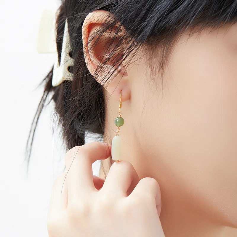MAMADESHOUHU Hetian Jade Earrings Pale Greenish White Jade Women's-5