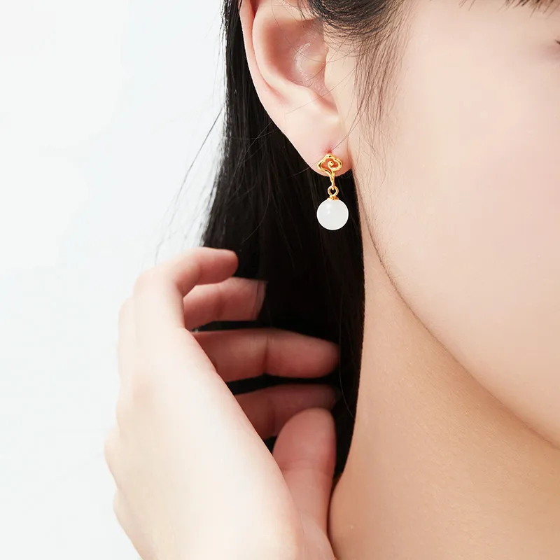 MAMADESHOUHU Hetian Jade Earrings White Jade Women's-5