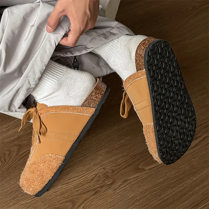 KYMOOU Cork Sole Fuzzy Stitching Leather Patchwork Quiet, Odor Resistant, Slip Resistant Closed Toe Slippers Unisex-12