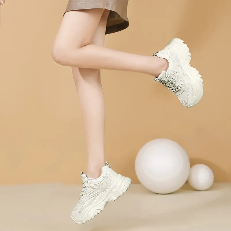 AOKANG Chunky Sneakers Women's Low Top Beige/Black-7