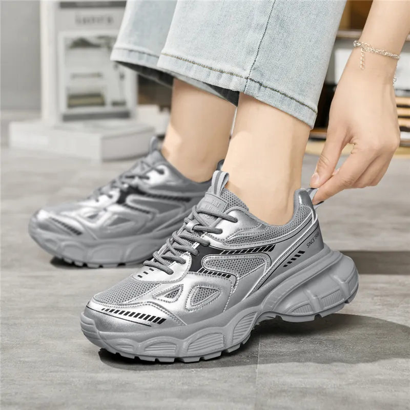 AOKANG Chunky Sneakers Unisex Low Top Silver, Gold-8